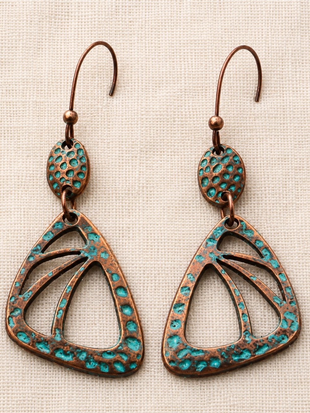 Turquoise Patina Openwork Triangle Drop Earrings Boho Antique Copper Dangle